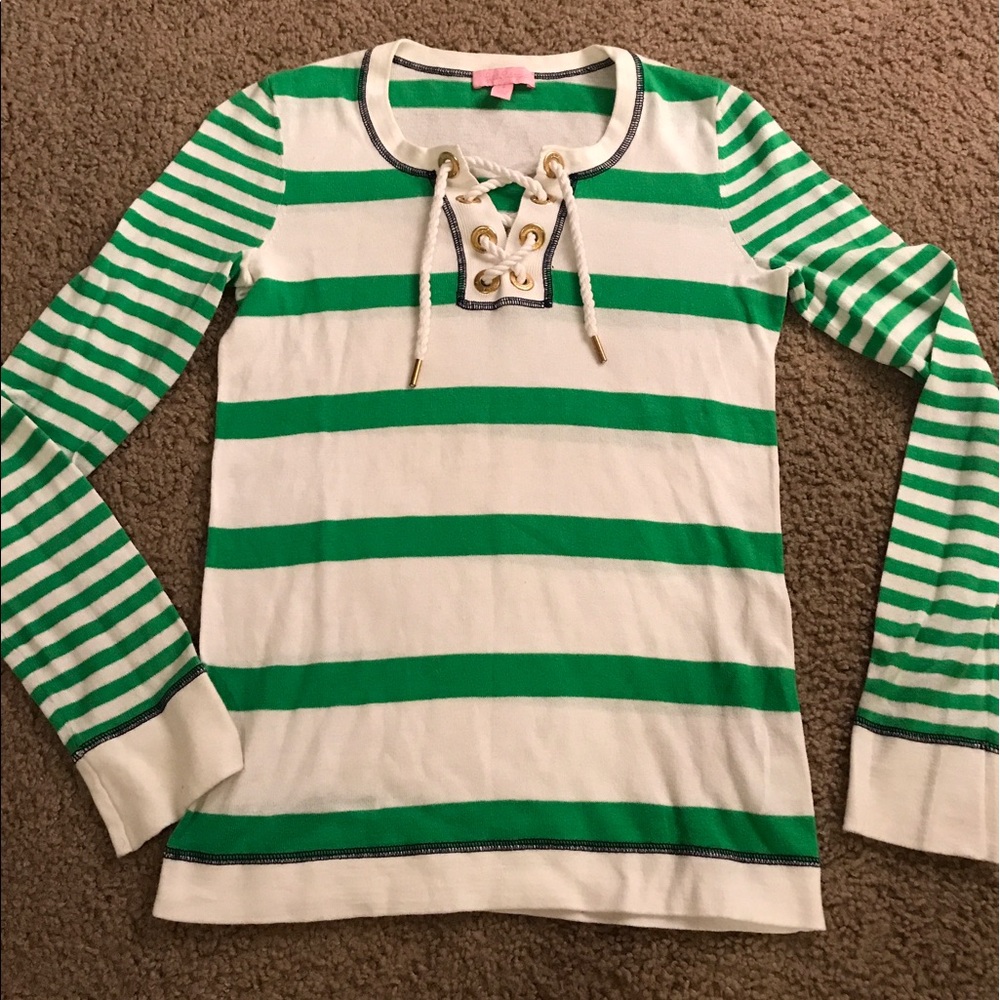 Lilly Pulitzer White and Green Striped Lace-Up Long Sleeve Tee